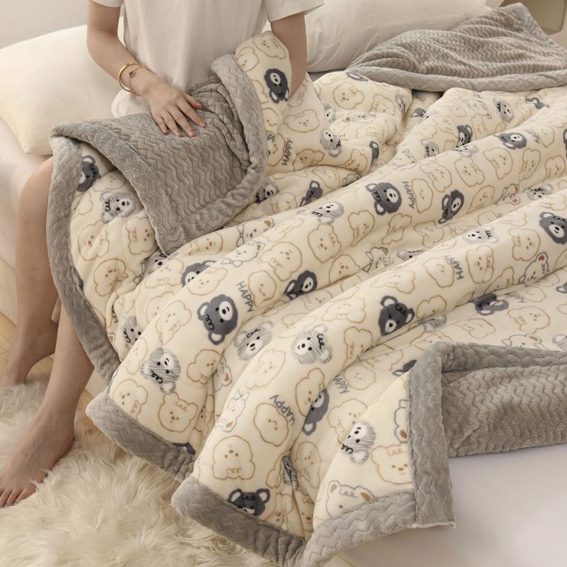 Thickened Warm Coral Fleece Winter Blanket for Bed Cartoon Bear Printed Double-layer Milk Velvet Blankets Double Plush Comforter