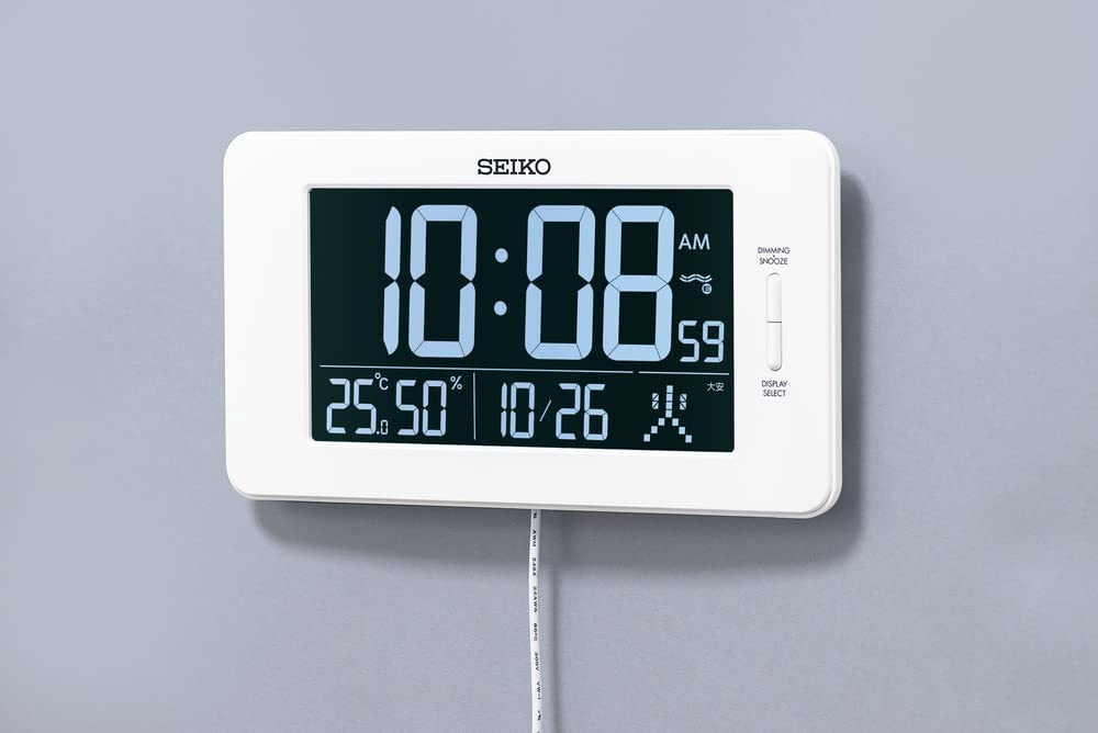 Seiko Clock Digital Alarm Temperature and Humidity x 23 x cm DL216W, Clock, Radio-Controlled, AC-Powered, 3-Mode Display, Display, White, Dimensions