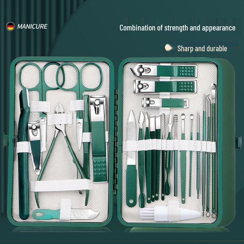 26-Piece Dark Green Stainless Steel Manicure Set: Nail Clippers, Scissors, Dead Skin Clippers, and Tools.