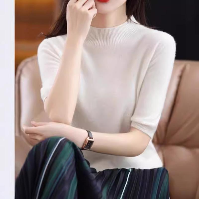 Pulover Tricotat pentru Femei Gât Rotund Mânecă Medie Pulover Tricotat Ediție Coreeană Top Interior de Fund