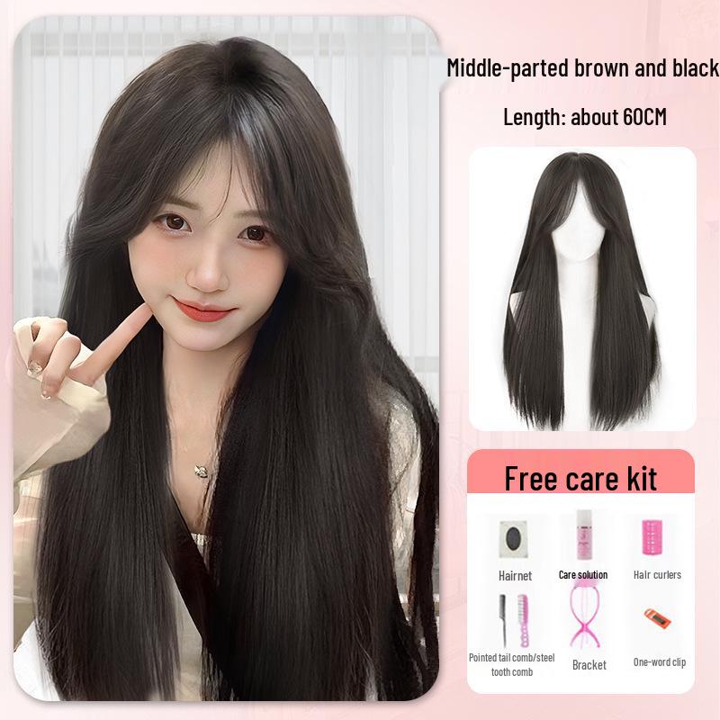 Long Straight Black Wig Set: Natural Hair, Full Head, Fashionable & Age-Reducing.