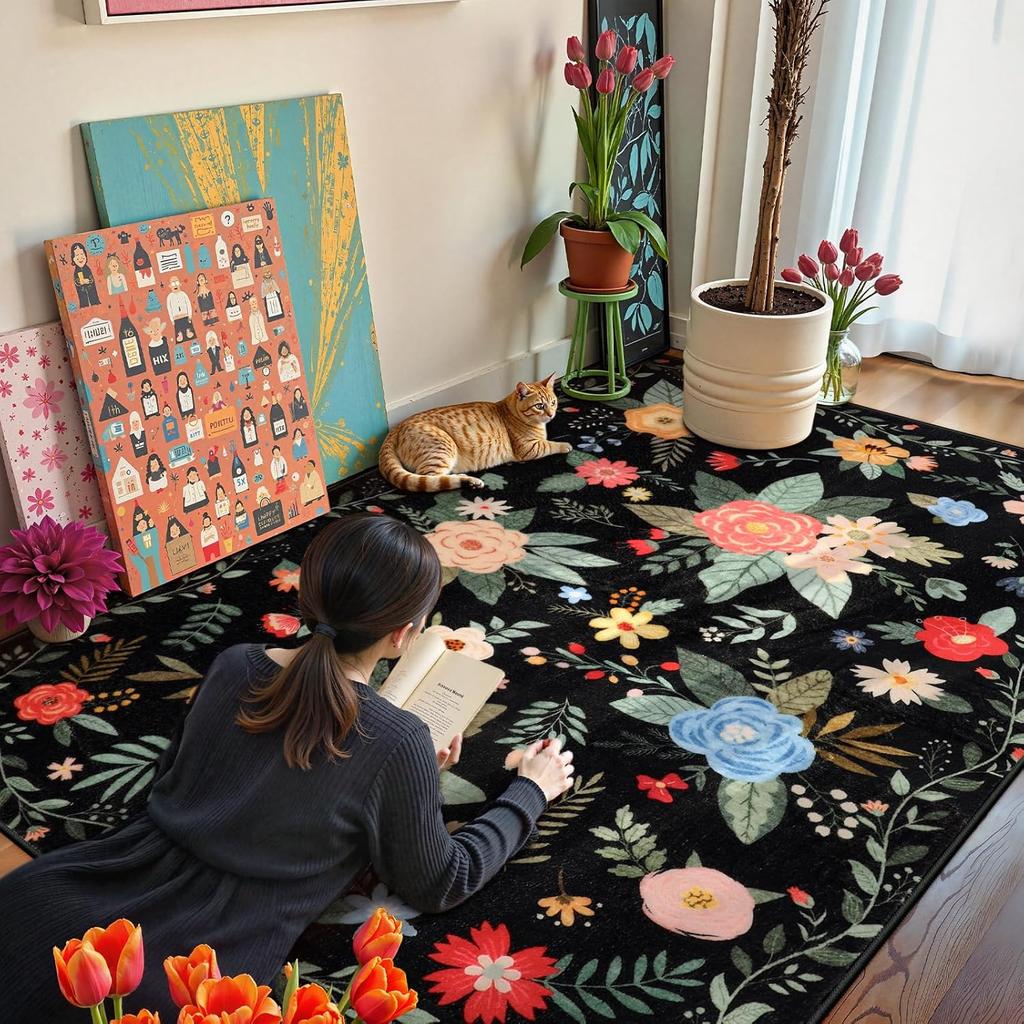 Black Floral Kids Rugs for Playroom, Cottage Core Rug for Bedroom Dorm Aesthetic,Low Pile Printed Floor Whimsical Carpet for