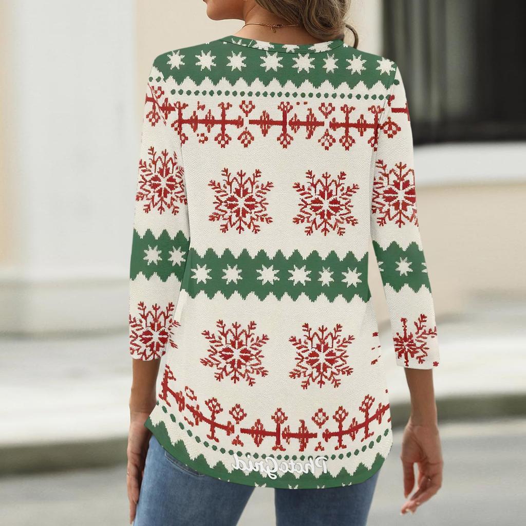 Women's Christmas Print V-Neck Three-Quarter Sleeve T-Shirt with Button Casual Holiday Top