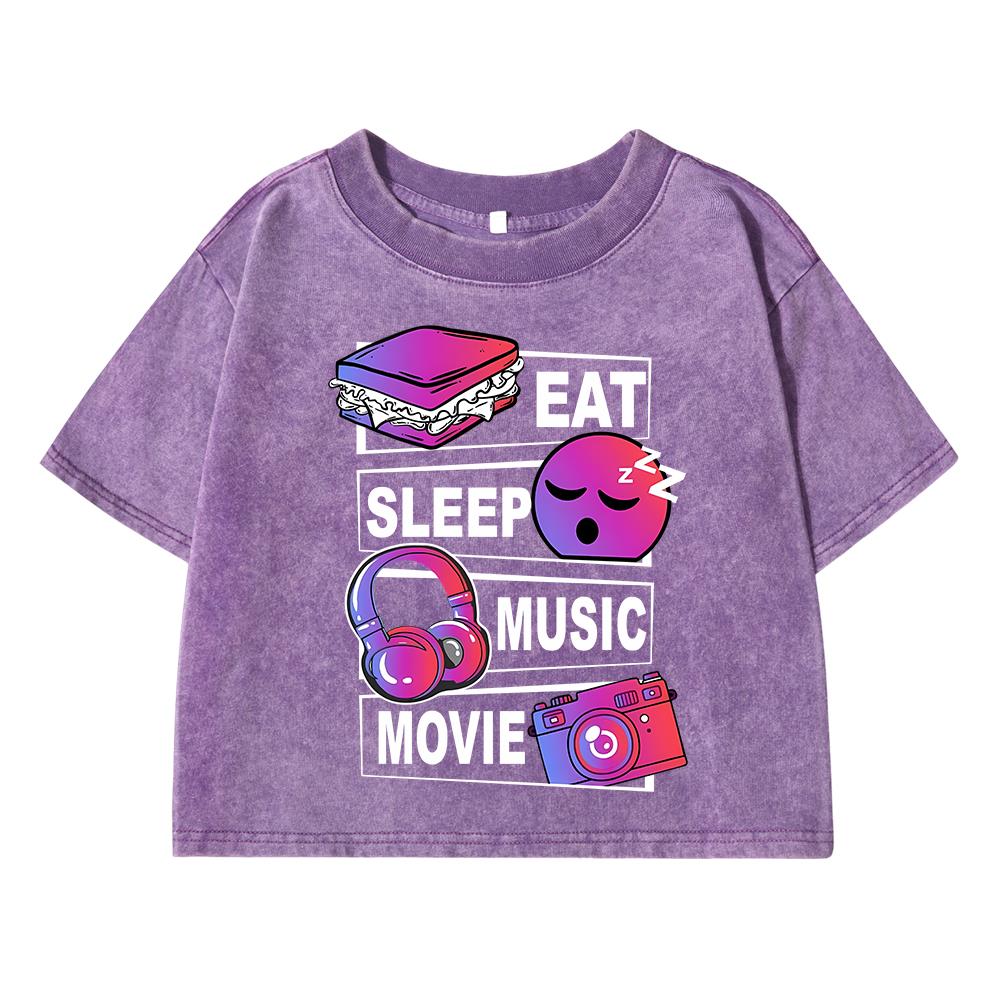 

Ешь Спи Музыка Кино Смешная Принтованная Женская Выстиранная Короткая Футболка Летняя Дышащая Футболка Уличная Мода Поношенный Топ XL