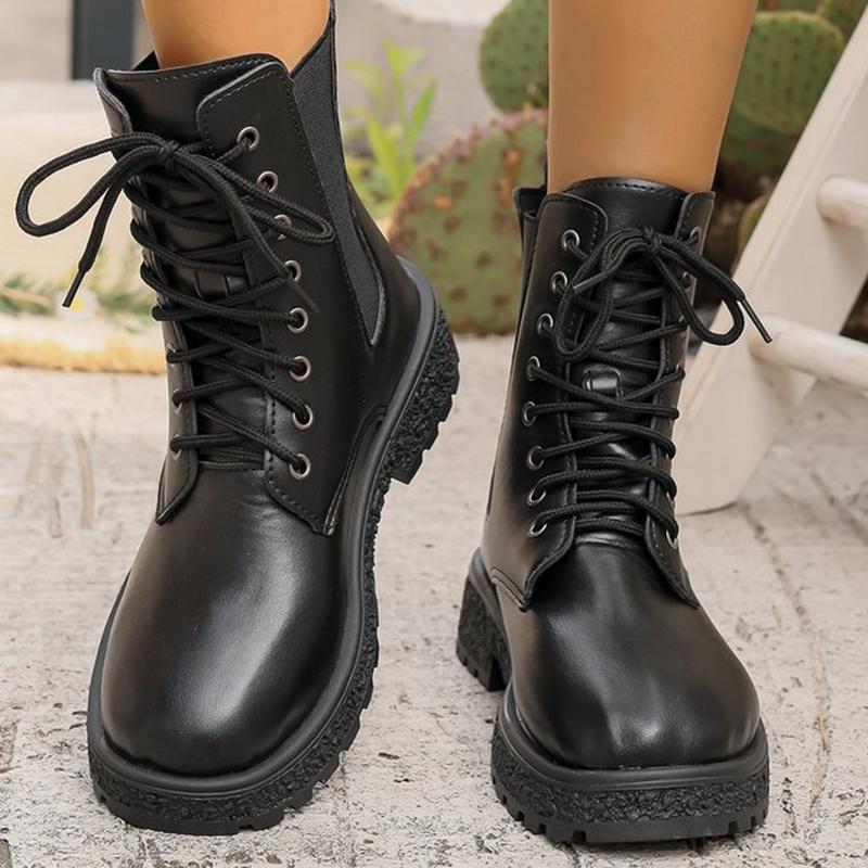 Spring Autumn Luxury Lace-Up Ankle Boots for Women Waterproof Square Heel Women's Boots Round Toe Solid Shoes of Woman