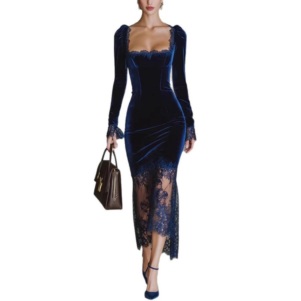 French Style Lace Patchwork Evening Party Dress for Women, Elegant Ladies Cocktail Gown for European & American, Formal Occasion Dress