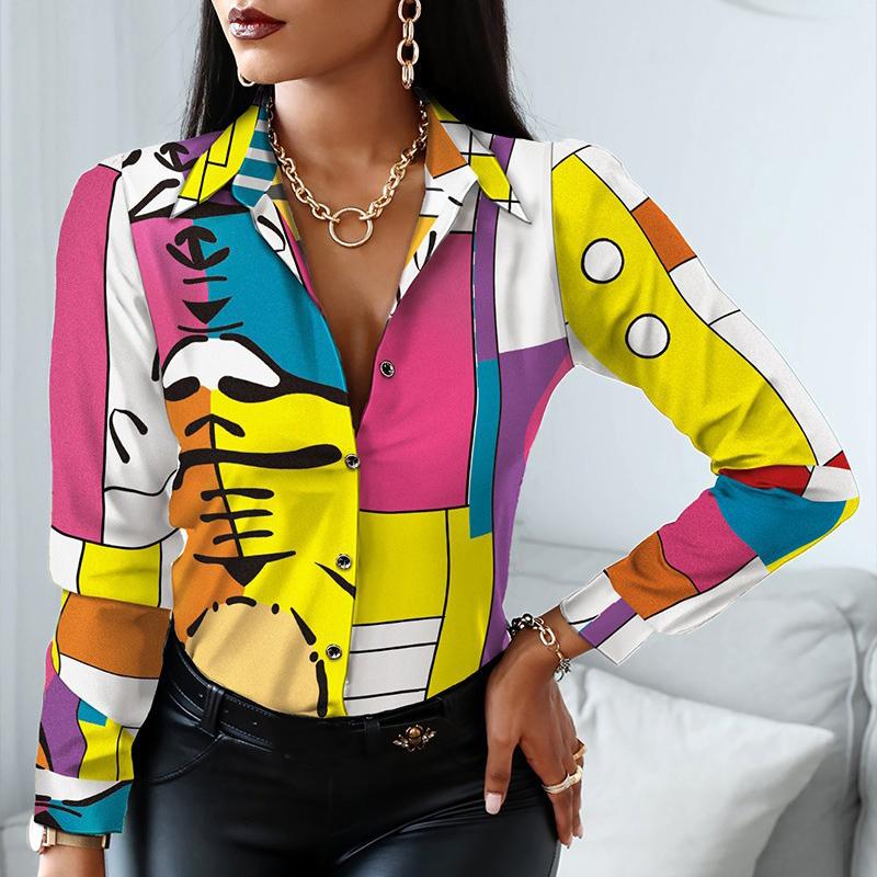 2024 Women Fashion Elegant Scarf Chain Print Button Design Shirt Long Sleeve Patchwork Spring