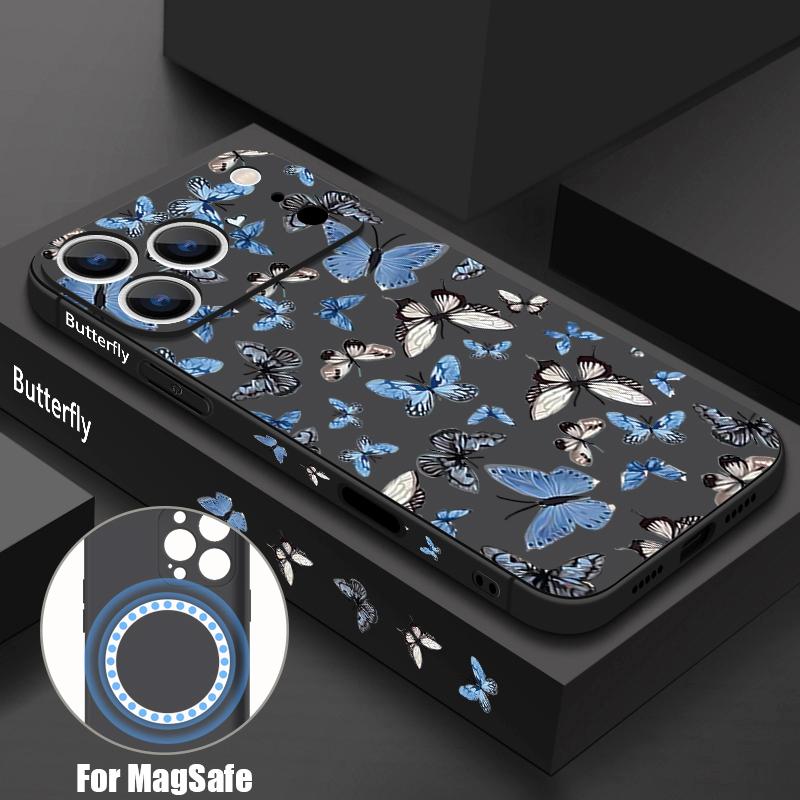 Blue Butterfly Pattern Phone Case For iPhone 17 Pro Max Air 16E 16 15 14 13 12 Pro Max 11 Magnetic For Magsafe Lanyard TPU Cover iPhone 12 Pro