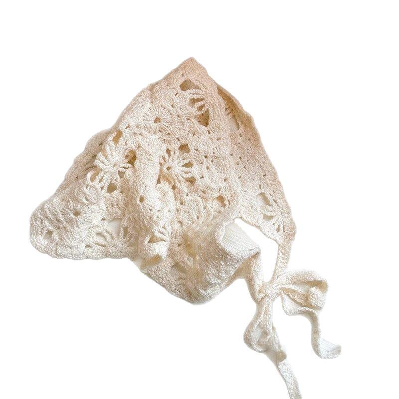 Fashion Knitted Headscarf Women French Pastoral Style Triangle Headband Handmade Crochet Headband Towel Retro Flower Headscarf