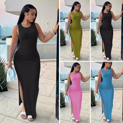Summer Women Dress Sleeveless Split Hem Solid Color O Neck Elastic Sheath High Waist Ankle Length Skinny Solid Color Party Club Maxi Dress