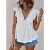 Camisa de Mujer Verano Calada Vacaciones Cuello en V Fruncida Manga Corta Encaje Blanca Blusa Moda Mujer Elegantes Tops Ajuste Ceñido Casual Suelta Camisas Femeninas