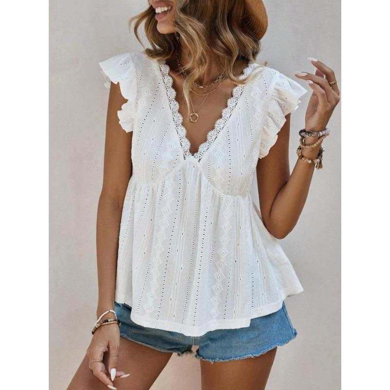 Camisa de Mujer Verano Calada Vacaciones Cuello en V Fruncida Manga Corta Encaje Blanca Blusa Moda Mujer Elegantes Tops Ajuste Ceñido Casual Suelta Camisas Femeninas