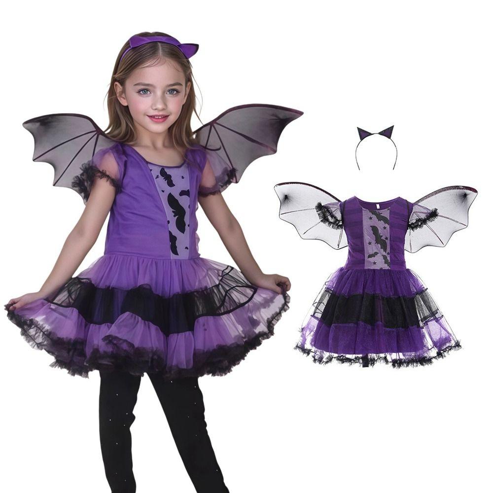 Purple Bat Design Demon Costume Wizard Hat Included Role Play Clothes Cosplay Dress  For Girls
