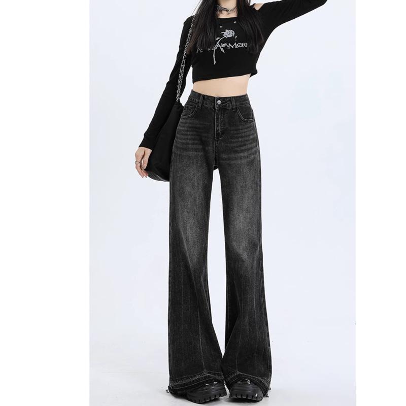 Women's 2024 Spring/Autumn Plus Size Gray Flared Jeans - Raw Edge, Micro Flare, Floor-Length