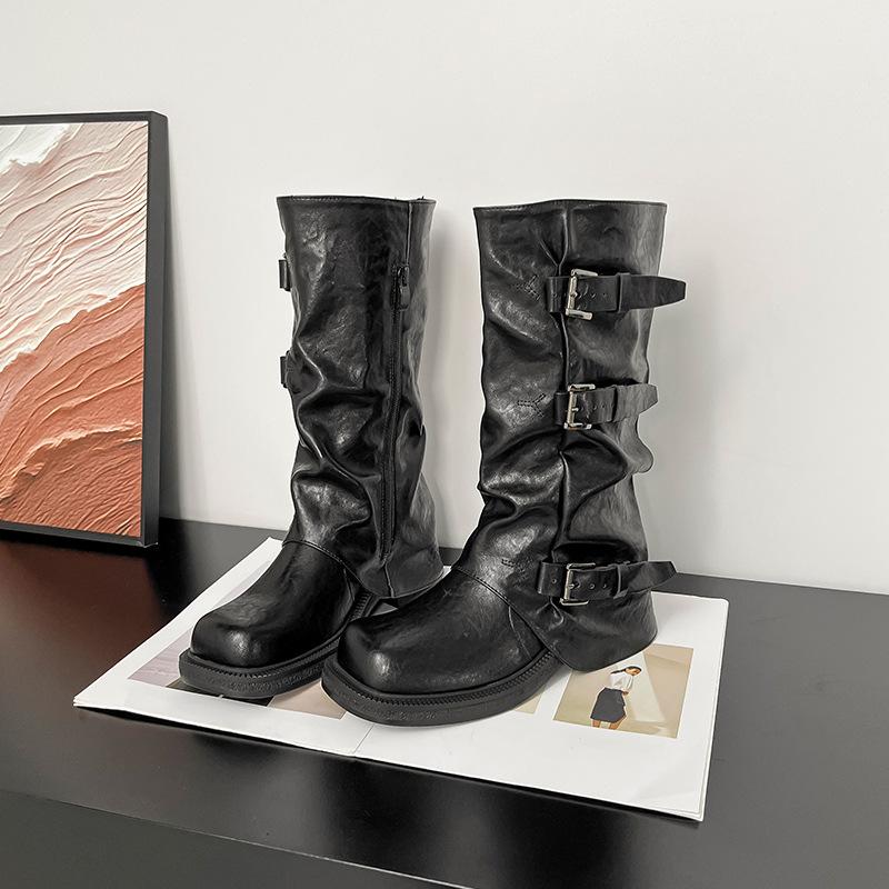 Western cowboy knight boots women's 2025 new retro thick heel inner height increase pleated stacking boots long trouser tube boots