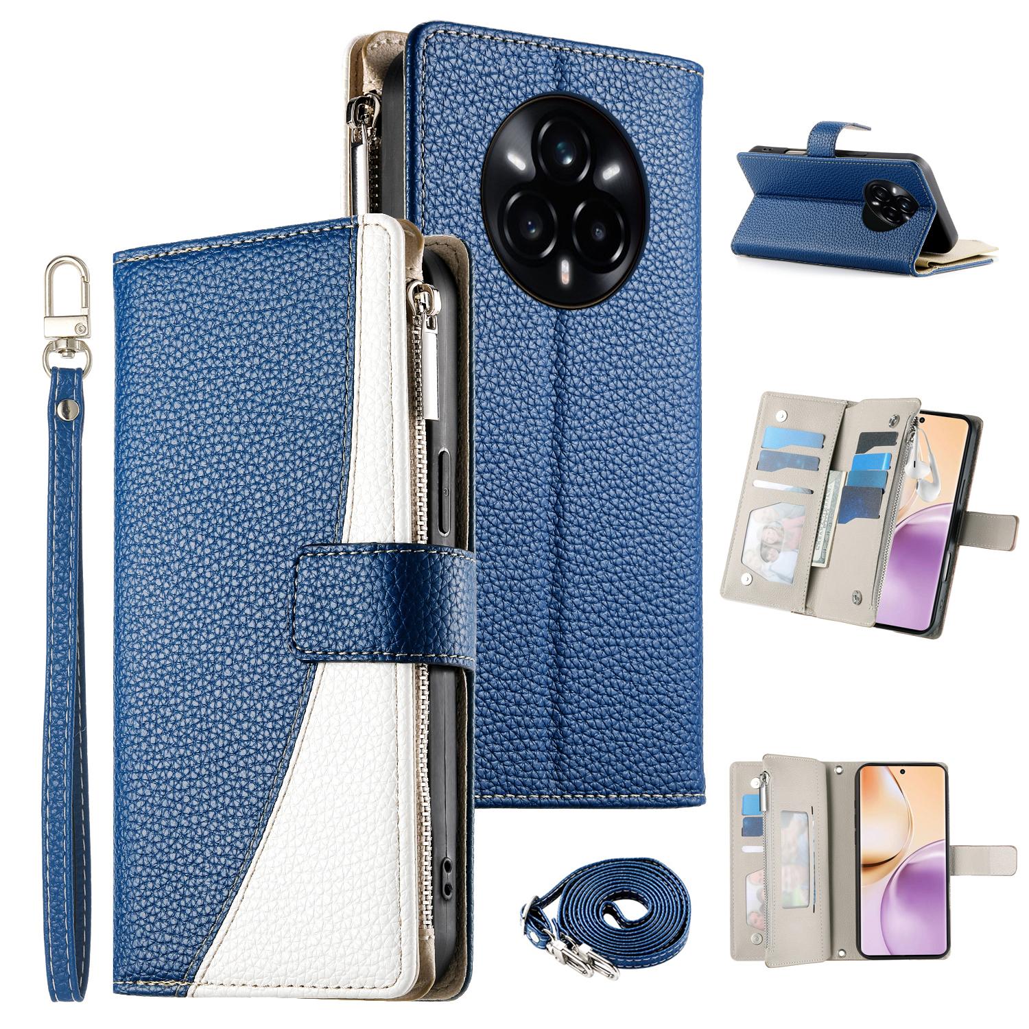 

For Realme 14 Pro+ 5G Case Zipper Wallet Color Splicing Leather Flip Phone Cover with Straps Dark Blue