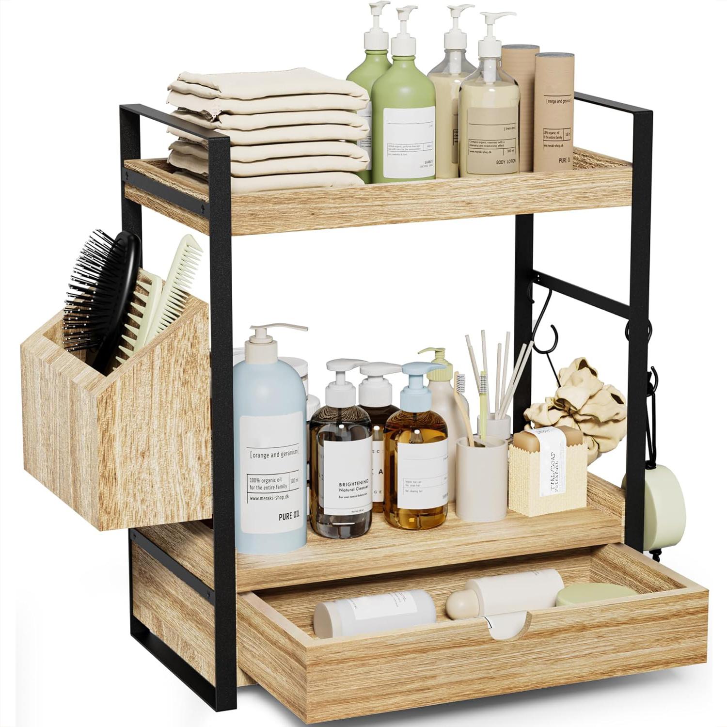 

2-Tier Bathroom Counter Organizer with Drawer Wood Countertop Organizer for Storage, Skincare Organizers for Vanity, Counter Shelf for Bathroom