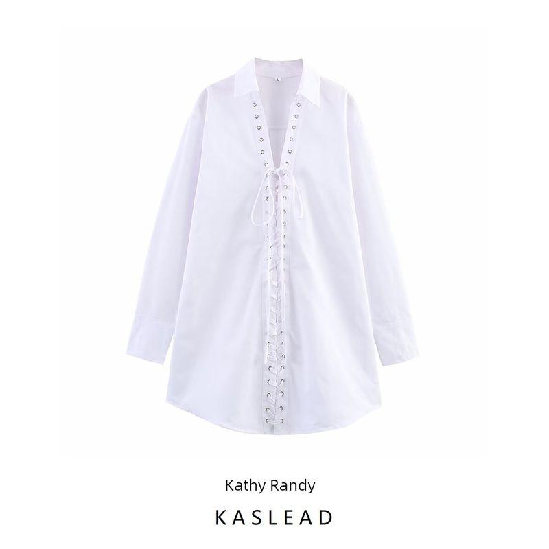 Kaslead New Arrival Women's Clothing Fashion Style Fashion Pure Color Minimalist Drawstring Lace Lapel Long Sleeve Shirt