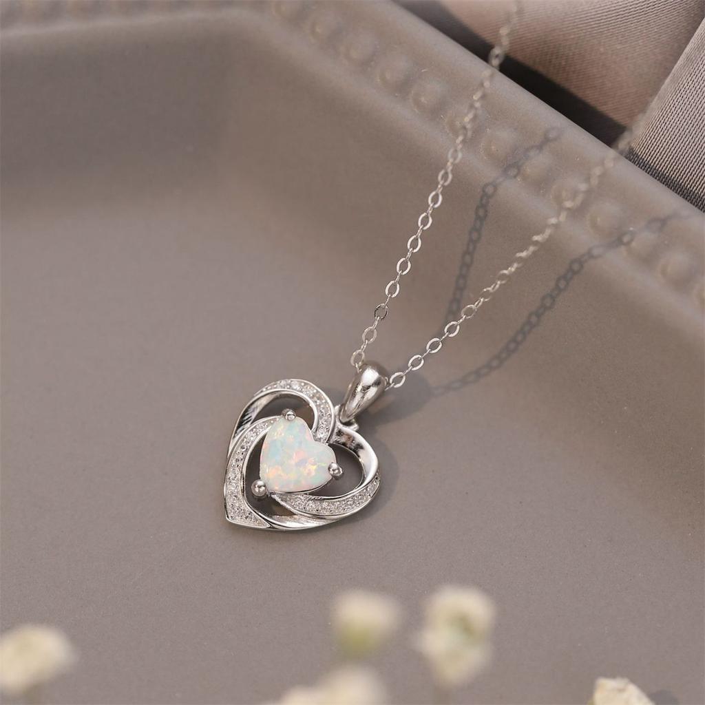 Boho Fashion Heart Shape Pendant Necklace Inlay Imitation White Opal Pendant Necklace for Women Girl Wedding Party  Gifts