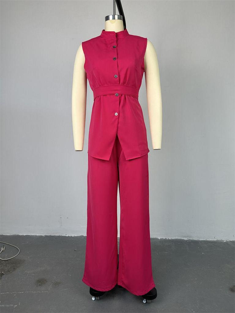 2025 Summer Women's Wear: Stand-up Collar Buttoned Sleeveless Top & Wide-leg Pants Set
