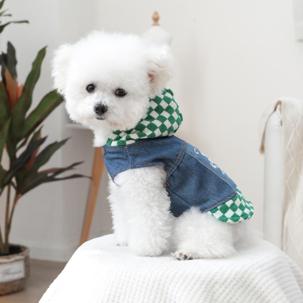 Pet Plaid Hooded Sweatshirt with Denim Splicing and Thickened Coat Clothing 3-color Plaid Denim Coat Dog Clothes for Small Dogs