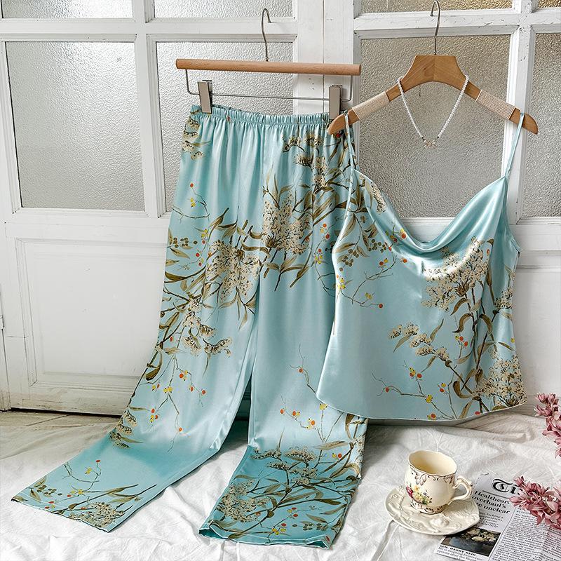 Sexy Pajama Two-Piece Set Camisole Tops Pants Loungewear Women Pijamas Suit Soft Print Flower Suspenders Sleepwear Outside