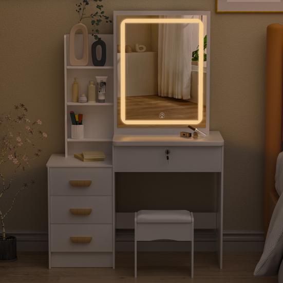 Makeup Vanity Desk with LED Lighted Mirror, Vanity Table with 4 Drawers and Opening Shelves, Bedroom Dressing Table with Stool