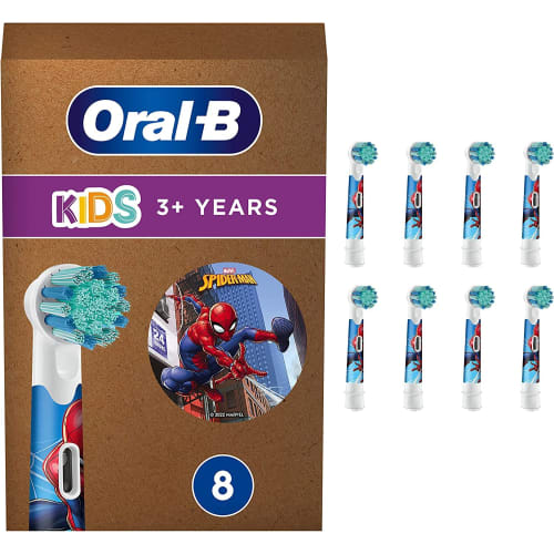 Braun Oral-B Clean Kids Soft Toothbrush Replacement Brushes, 8 Brushes, Spider-Man Design, Eco-Packaged