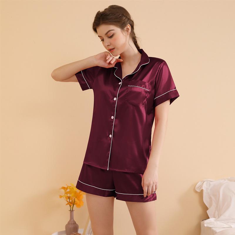 Women's Summer Short Sleeve Pajama Set - Solid Color, Casual Lapel Style