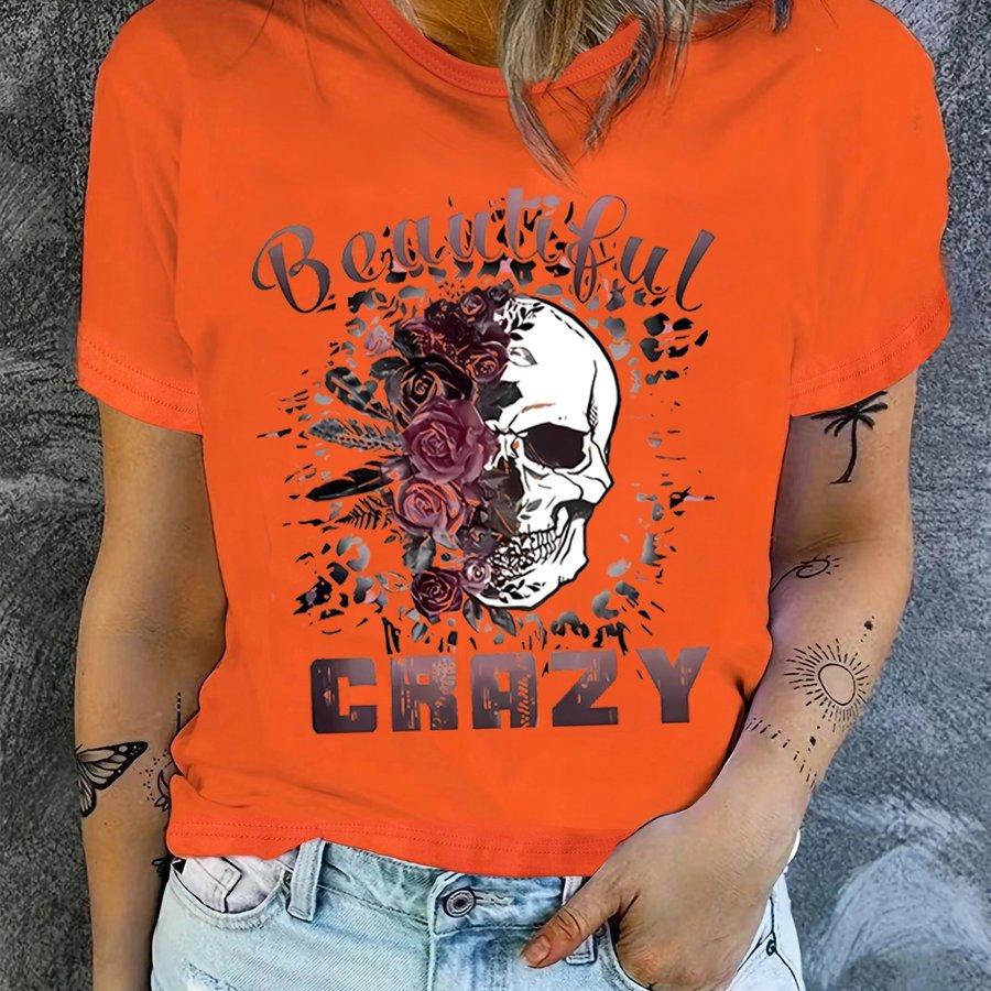 Skull & Letter Print T-shirt Casual Crew Neck Short Sleeve T-shirt Women's Clothing