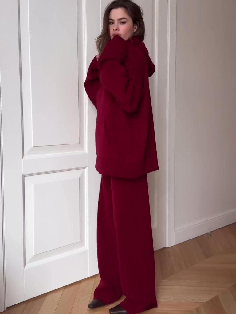 2024 Autumn Women's Red Hoodie & Casual Long Pants Two-Piece Set