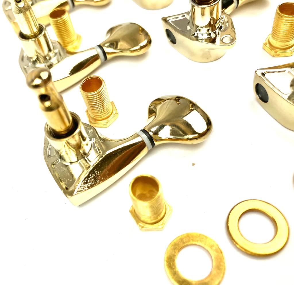 Acoustic Guitar Tuning Set of 6 Fishtail Gold Pegs, (3L + 3R), Metal, (3L + 3R)