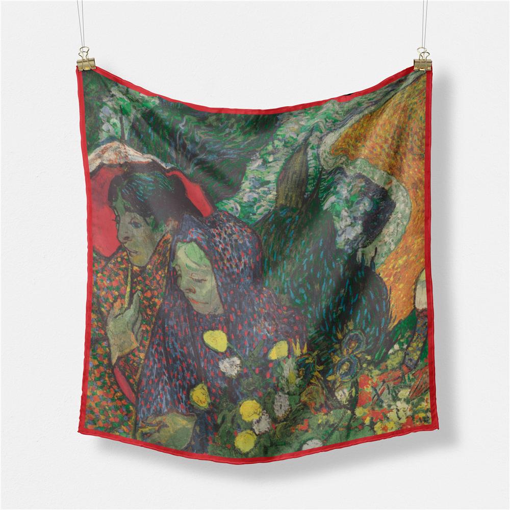 POBING Twill Silk Scarf Women Oil Painting Square Scarves Wraps Bandana Small Hijab Lady Foulards Tie Headband Neckerchief 53CM