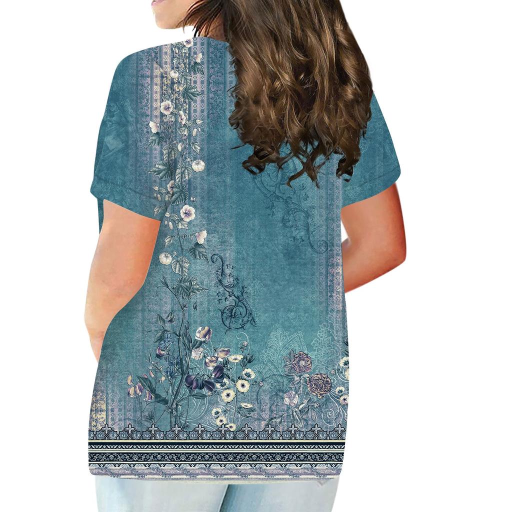 Women's Short Sleeve Shirt Button Plus Size T-Shirt Flower Printed Casual Tops