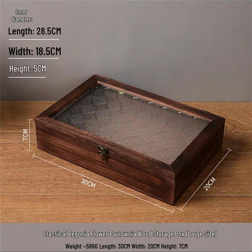 Crabapple Flower Glass Retro Wooden Storage Box for Desktop Sundries and Dressing Table Decor