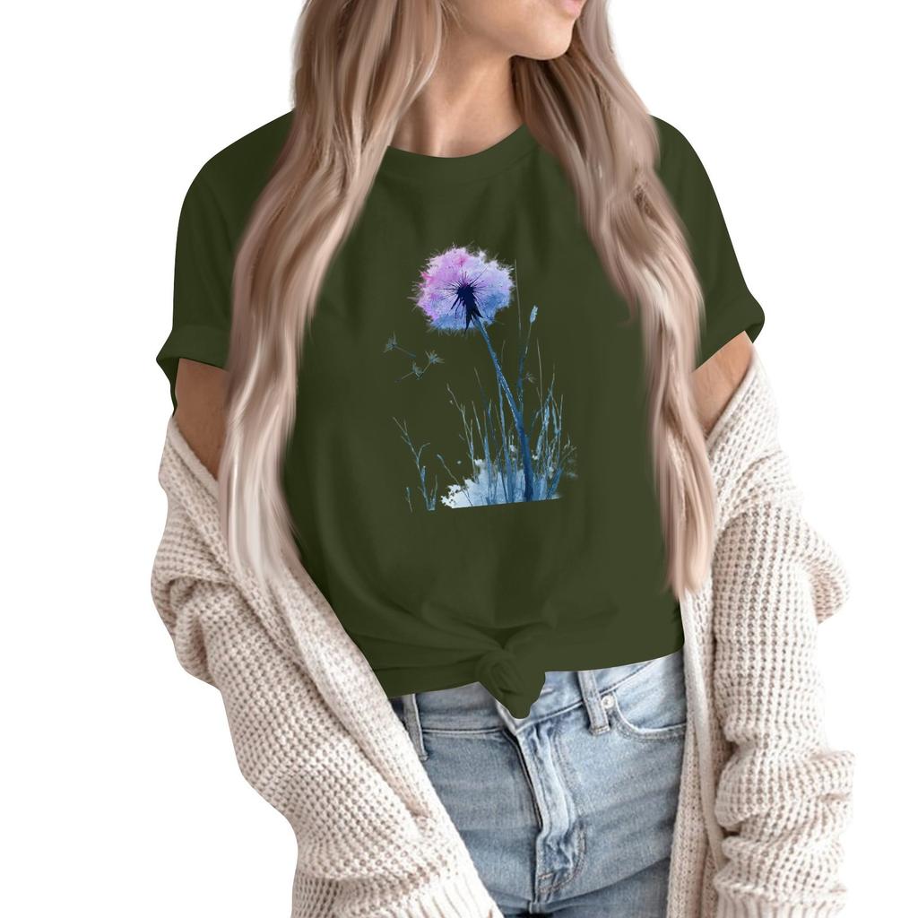 Women's Fashion Casual Printed Round Neck Short Sleeved Pullover T-Shirt Top
