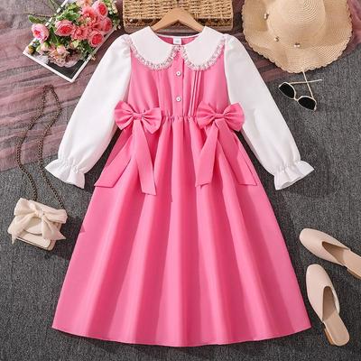 Autumn Long Sleeve Bow Princess Dress for Big Girls - Stylish Lapel Design, Fake Two-Piece