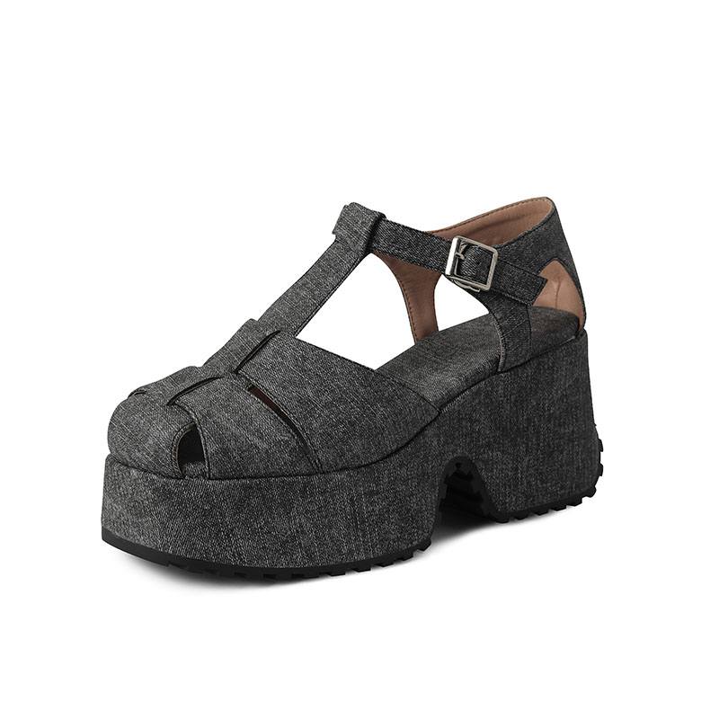 Krazing Pot Polyurethane Spring Summer Size 43 Size 42 Women Platform Women Square Toe Buckle Thick Bottom Pumps