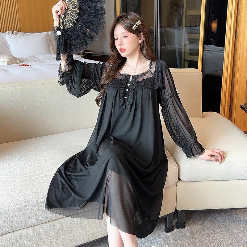 Ling Lei Chunqiu Solid Color Square Neck Lace Long Sleeve Mesh Court Princess Style Medium Long Pajamas Pajamas Homewear
