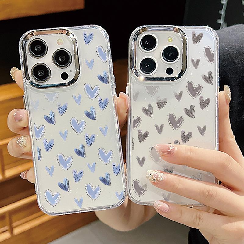 Luxury Electroplating Lens Frame Cute Love Heart Case For iPhone 16 15 14 Pro Max Plus 12 13 Pro 11 Clear Shockproof Phone Cover