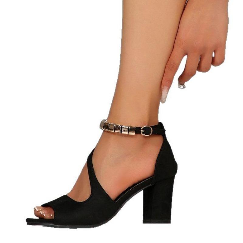 New Style Shoes Fish-mouth High Heels One-button Thick-heeled Large-sized Sandals