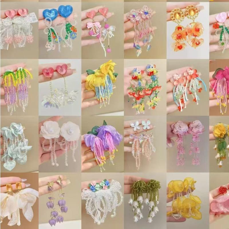 Silver needle chiffon flower fringed stud earrings sweet Mori dopamine earrings niche trend versatile earrings fashion women