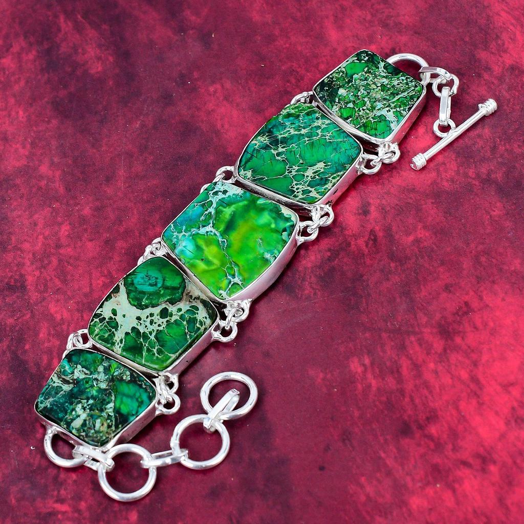 Green Sea Sediment 925 Solid Sterling Silver Bracelet Adjustable, Chain Bracelet Handmade Gemstone Jewelry, For Thanksgiving