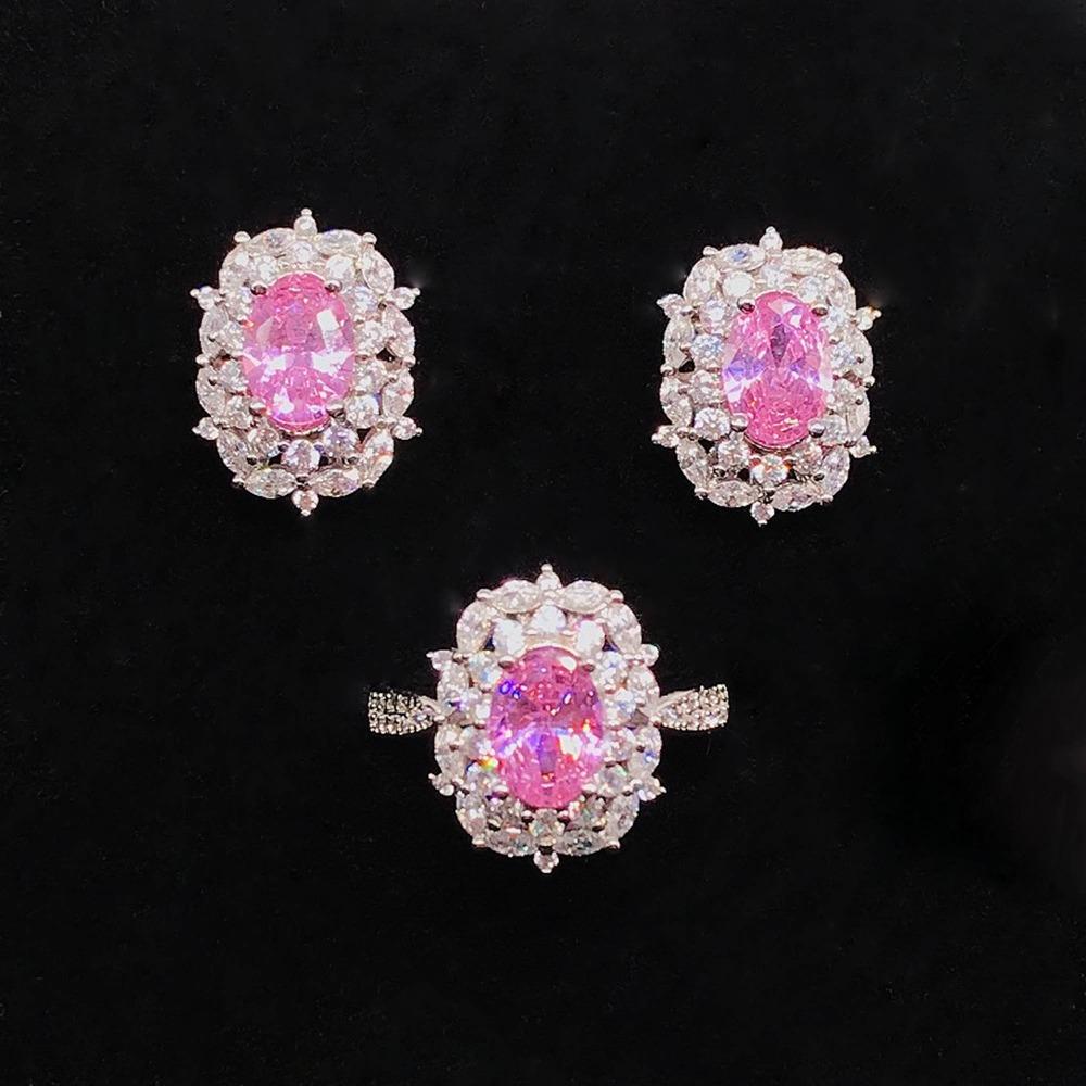 Women Jewelry Set Simulated Aquamarine Topaz Argyle Pink Diamond Ring Earrings