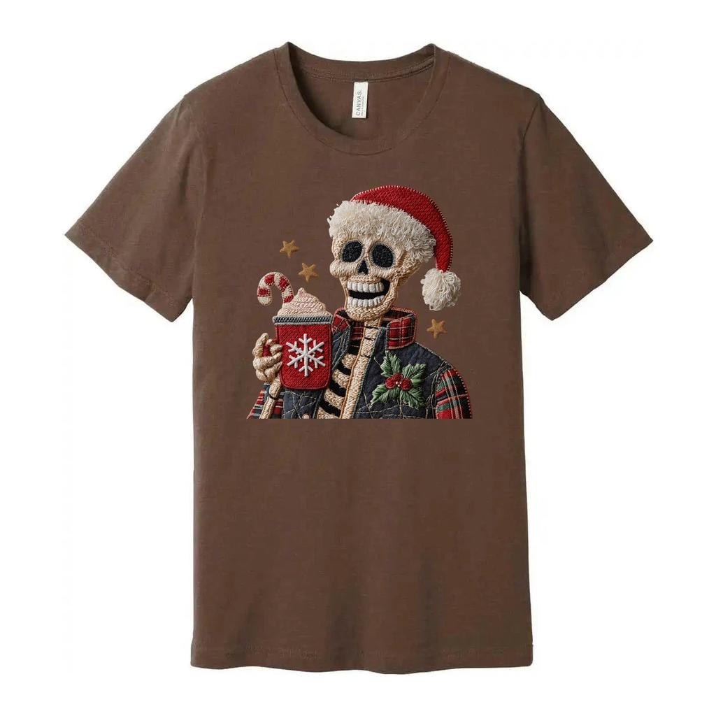Unisex Christmas Skeleton Wearing Santa Hat Holding Snowflake Mug Graphic Tee Fo
