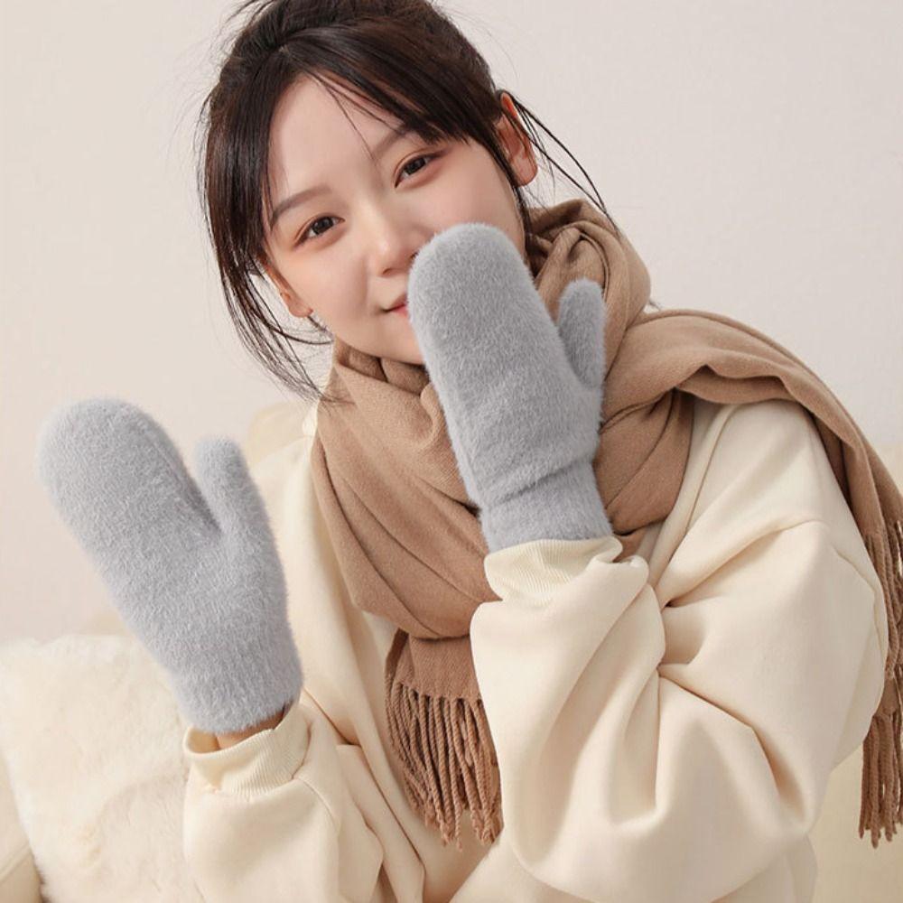 Fleece Knitted Gloves Full Fingers Winter Mittens Soft Plush Mittens  Skiing