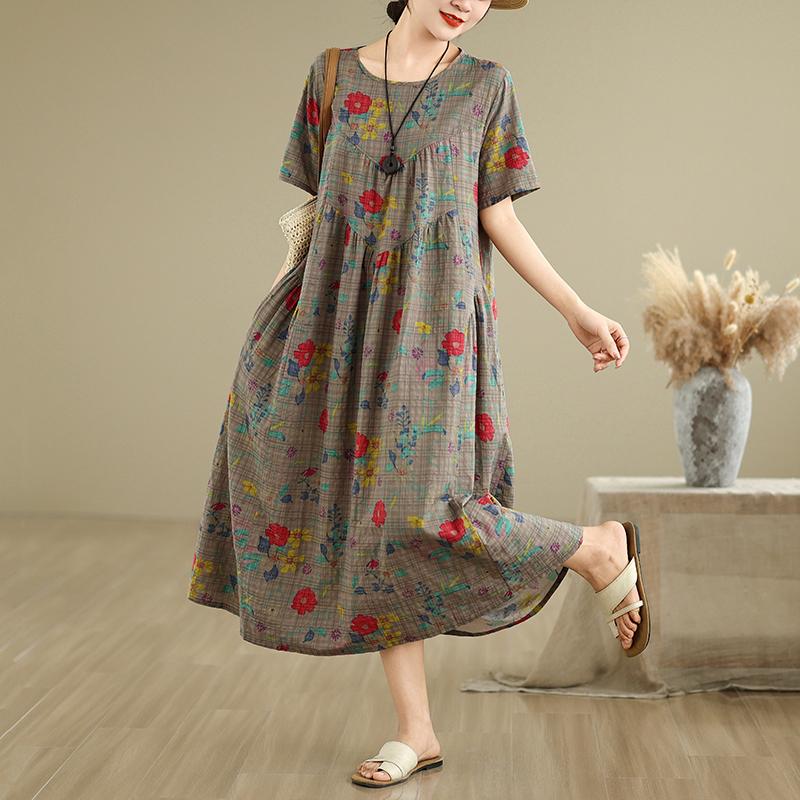 DIMANAF 2025 Women Plus Size Spring Summer Dress Casual Floral Dress Basic Vintage Loose Long Dress Maxi 9321