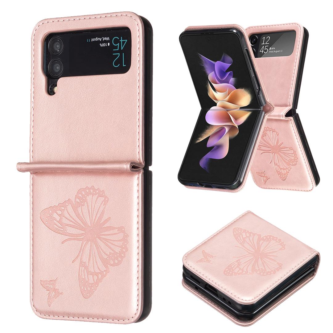 

For Samsung Galaxy Z Flip4 5G Imprinted Butterfly Phone Case PU Leather+PC Slim Fit Cover Rose Gold