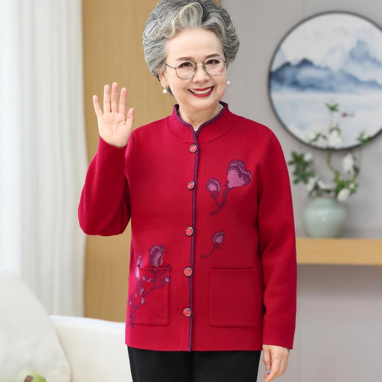 Thickened Velvet-added Mother Sweater, Sweater, Old Lady Cardigan, Autumn and Winter Coat, Middle-aged and Elderly Grandma Clothes, Winter Clothes