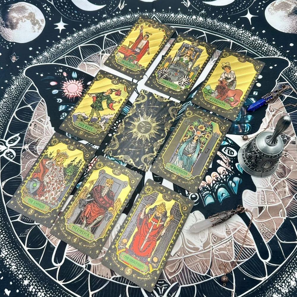 Black Gold Gilded Mystic Tarot Deck, Divination Tool with Luxury Finish 12*7cm 78 Pcs Waterproof Cards Based on Rider System
